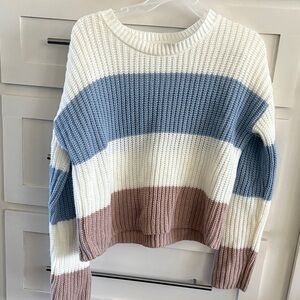 Striped Crewneck Sweater in Cream, Dusty Blue & Brown